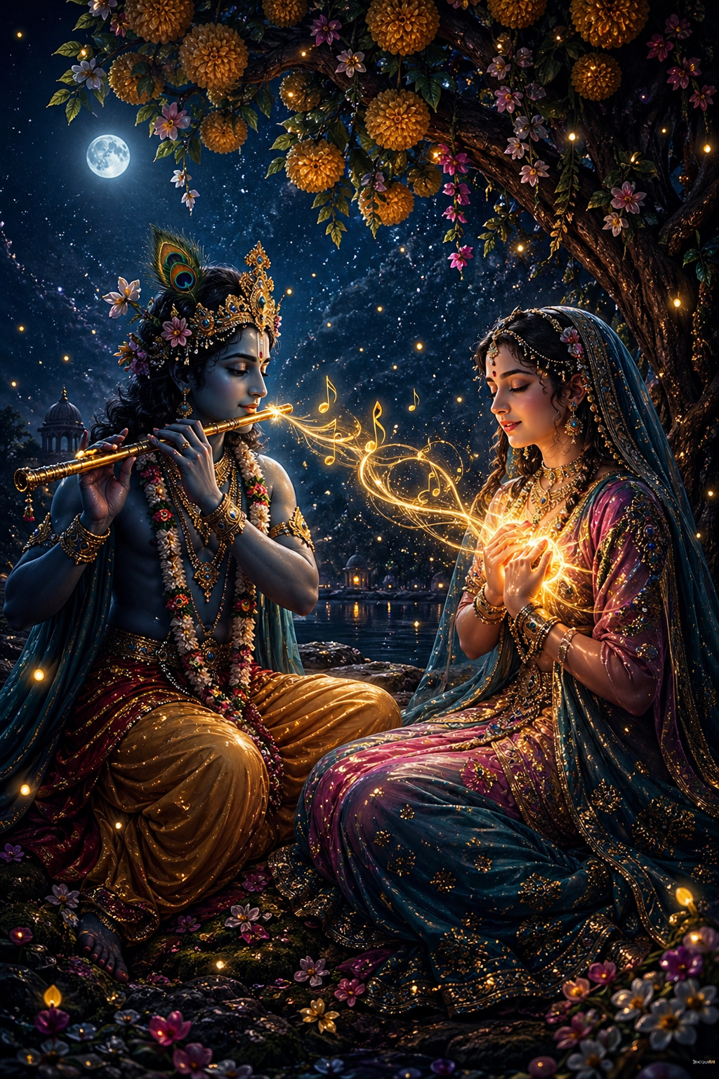 Radha listening to Krishna flute music under flowering kadamba tree with fireflies at night